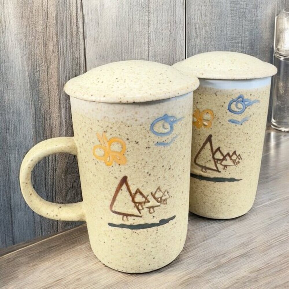 Vintage Hand Made Ceramic Coffee Mug Cup Set 2 With Lid Brown Speckled Mugs Cups